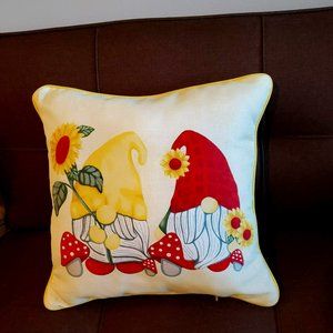 Gnome Accent Pillow, Yellow, Sunflowers Mushrooms, Indoor / Outdoor NEW